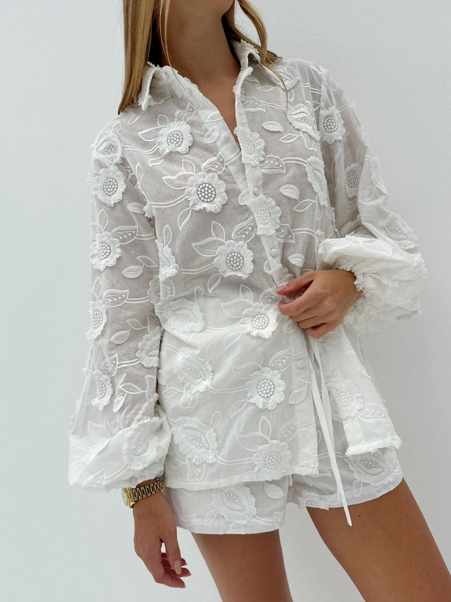 Adelina Cotton Applique Day Shirt | White