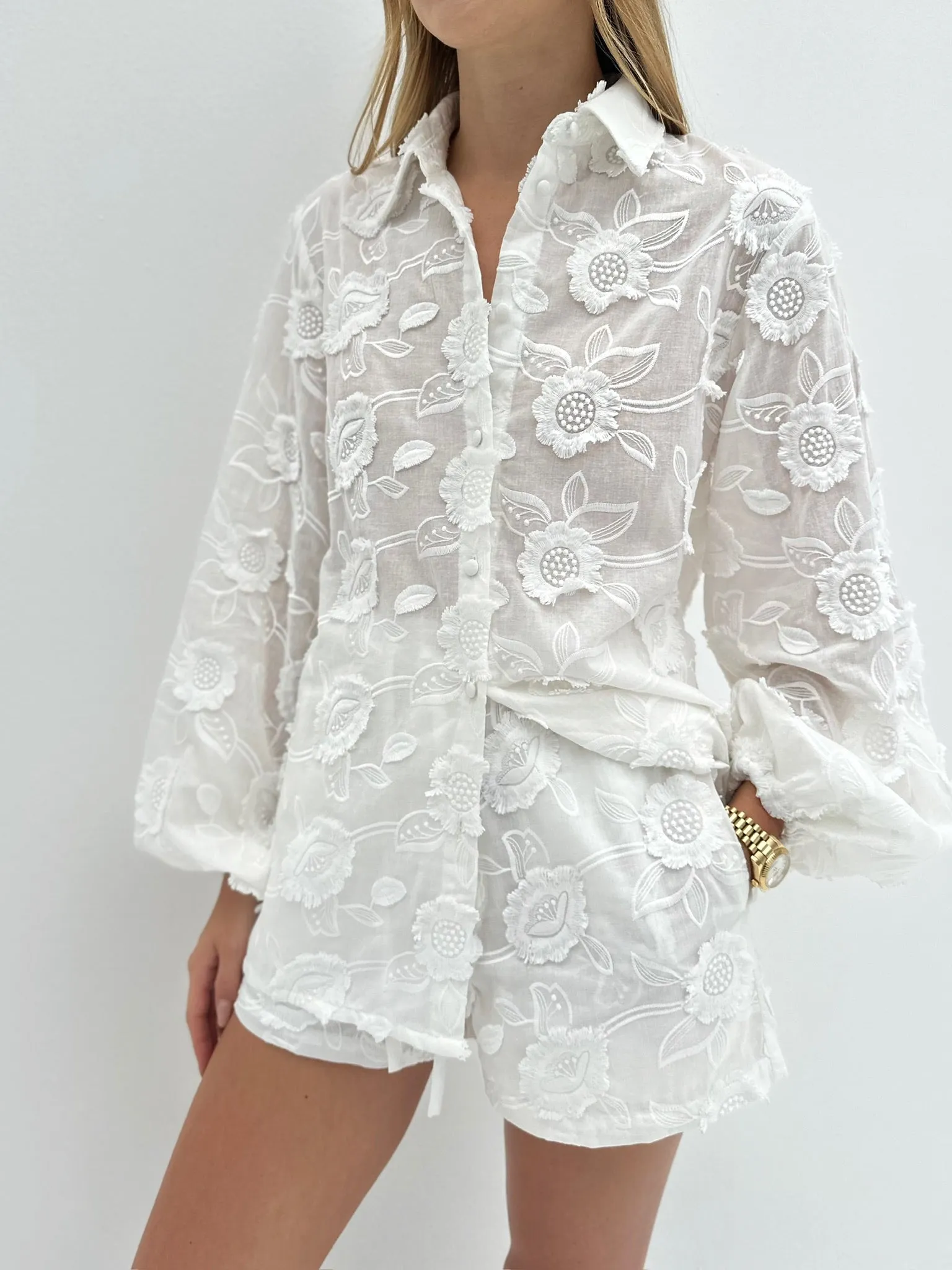 Adelina Cotton Applique Day Shirt | White