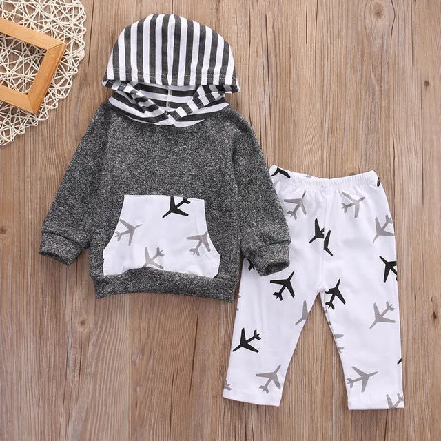 Baby Boy Black and Gray Airplane Hoodie and Pant Set