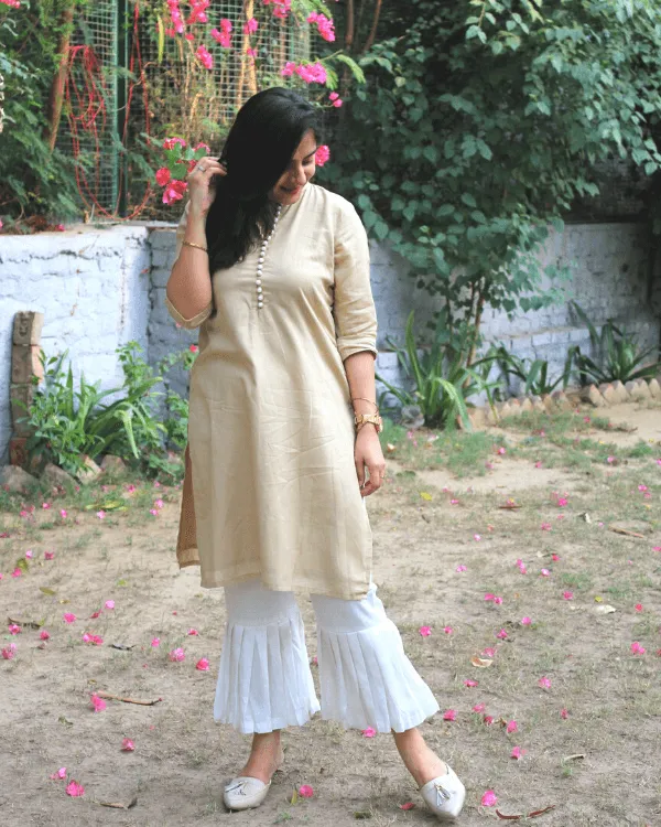 Beige Pearl Kurta & White Pleated Bottoms - Set of 2