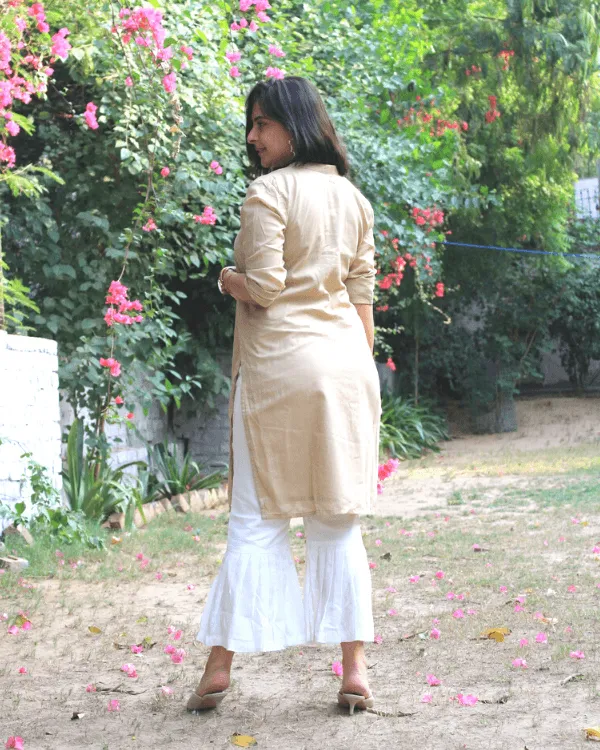 Beige Pearl Kurta & White Pleated Bottoms - Set of 2