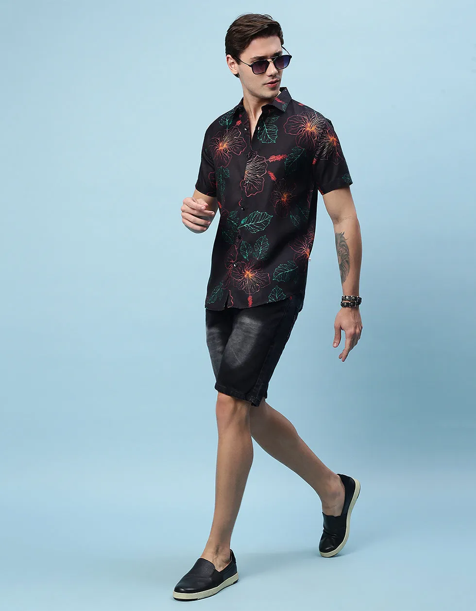 Black Floral Printed Casual Shirt