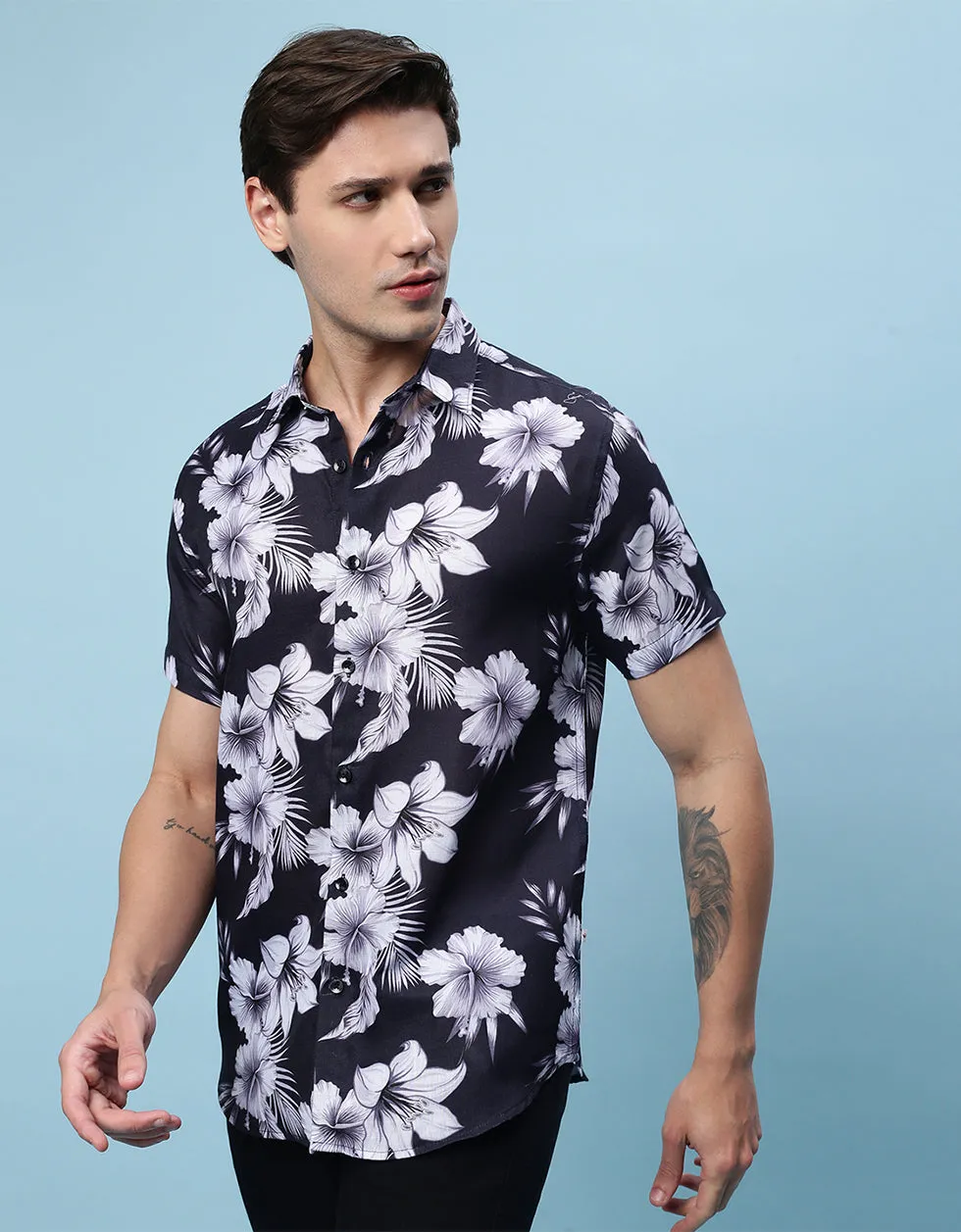 Black Floral Printed Casual Shirt