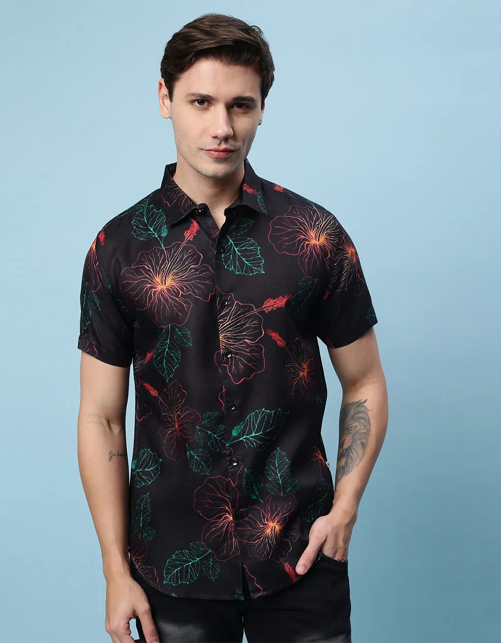 Black Floral Printed Casual Shirt