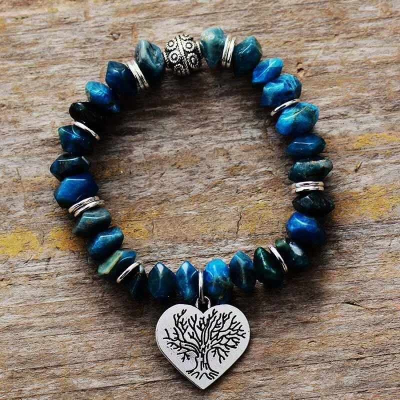 Blue Apatite Stretchy Bracelet w/ Tree of Life Charm