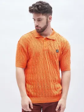 Burnt Orange Textured Knitted Polo Tshirt