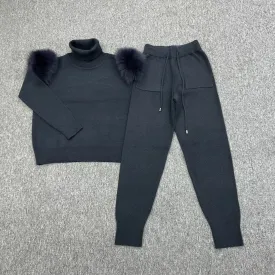 Charcoal Luxury Fur Roll Neck Jogger Tracksuit