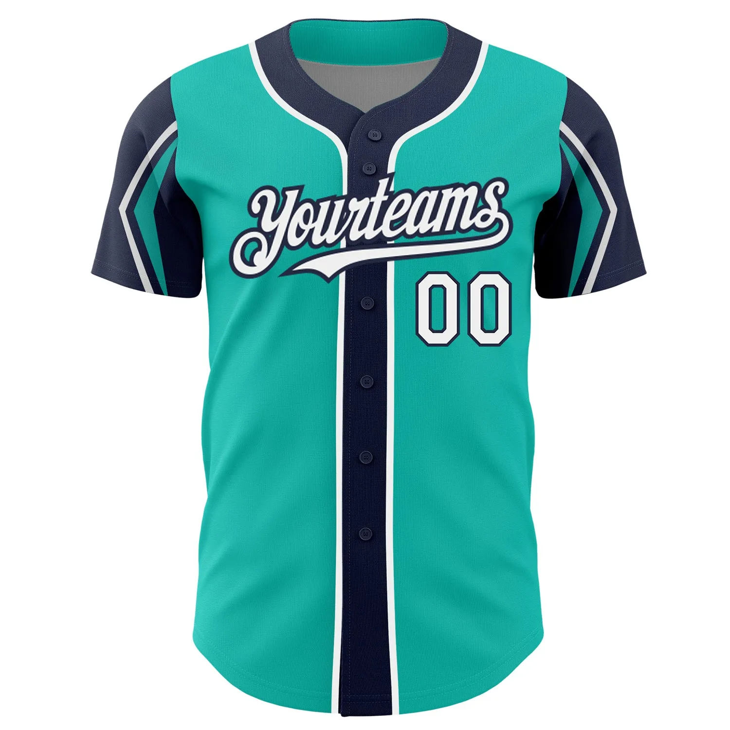 Custom Aqua White-Navy 3 Colors Arm Shapes Authentic Baseball Jersey