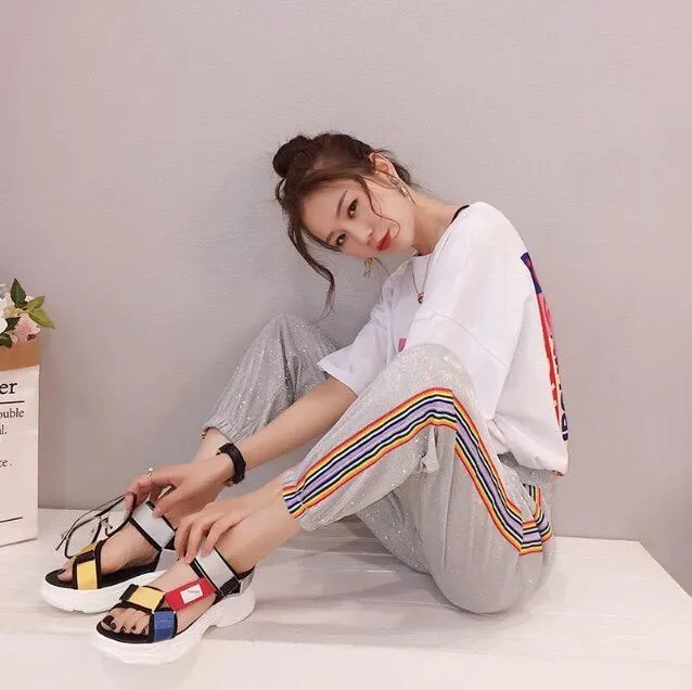 Cute Glitter Rainbow Stripes Elastic Waist Sport Style Pants