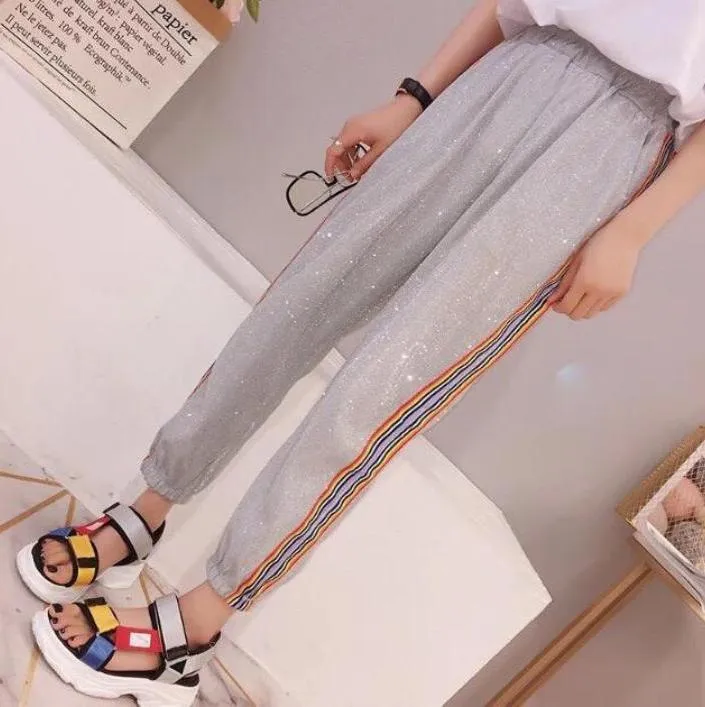 Cute Glitter Rainbow Stripes Elastic Waist Sport Style Pants