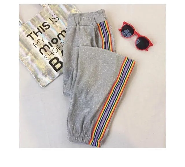 Cute Glitter Rainbow Stripes Elastic Waist Sport Style Pants