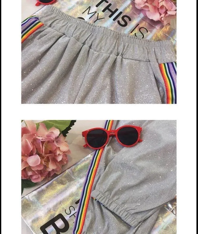 Cute Glitter Rainbow Stripes Elastic Waist Sport Style Pants