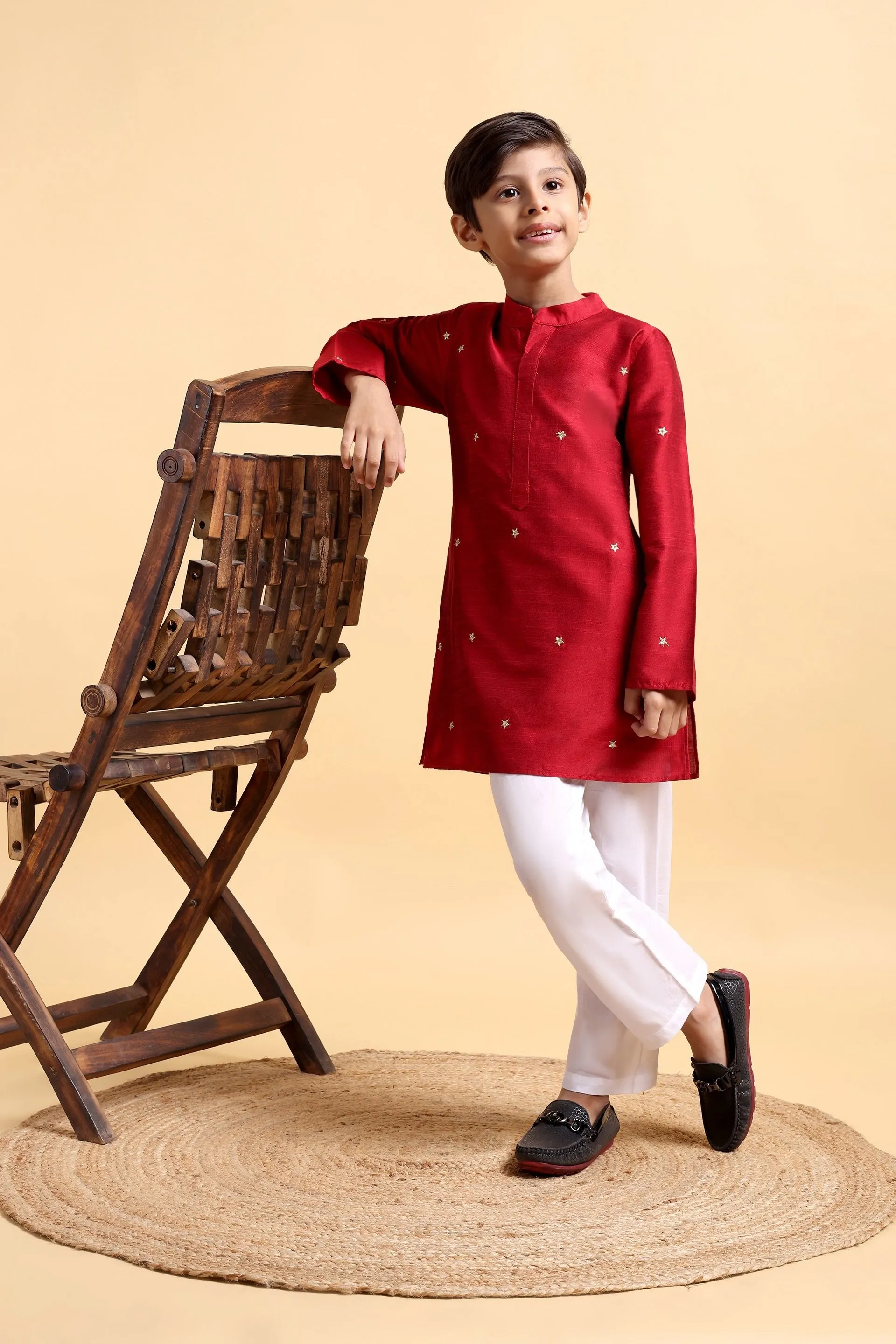 Elegant Deep Red Embroidered Cotton Silk Kurta & Pajama Set