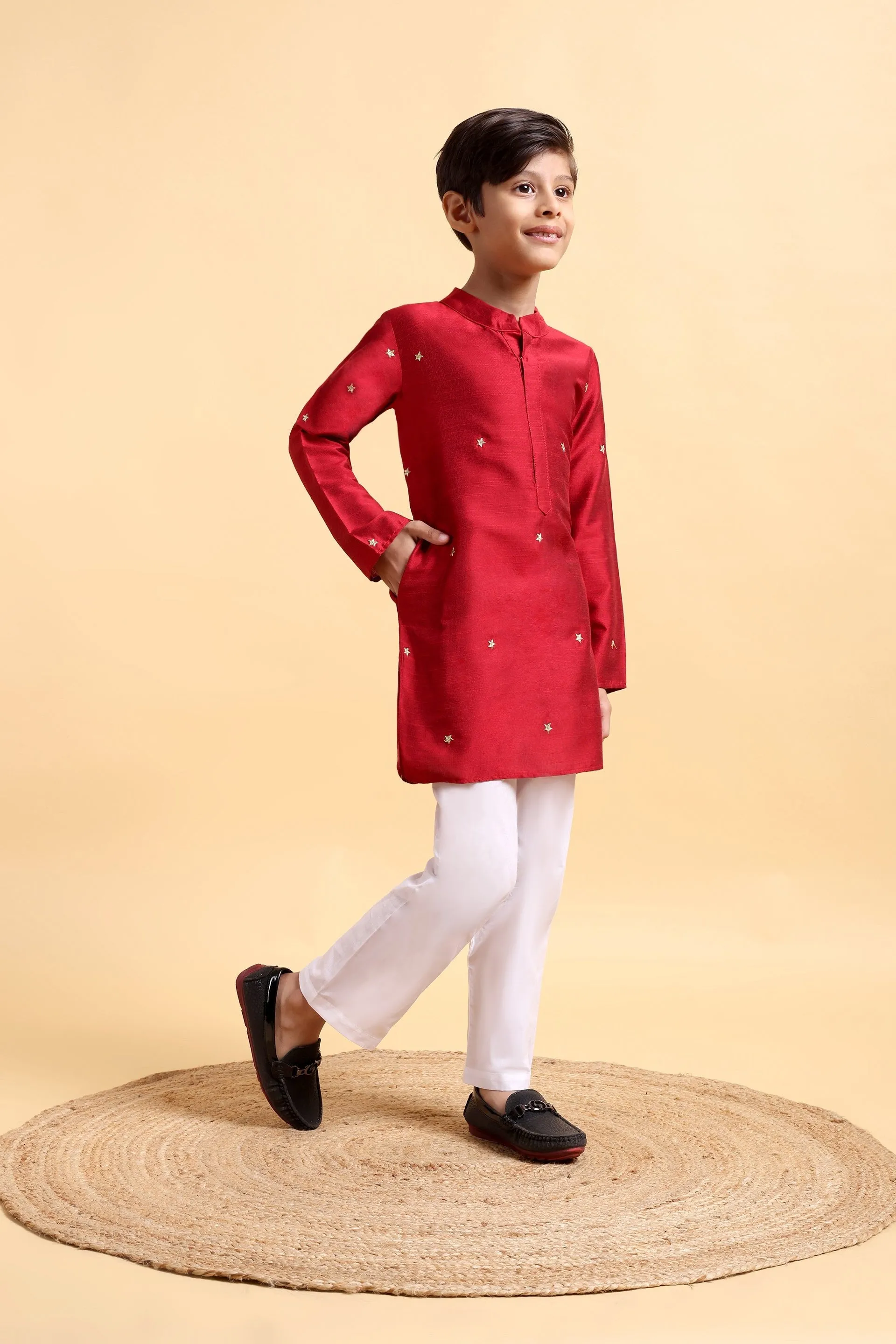 Elegant Deep Red Embroidered Cotton Silk Kurta & Pajama Set