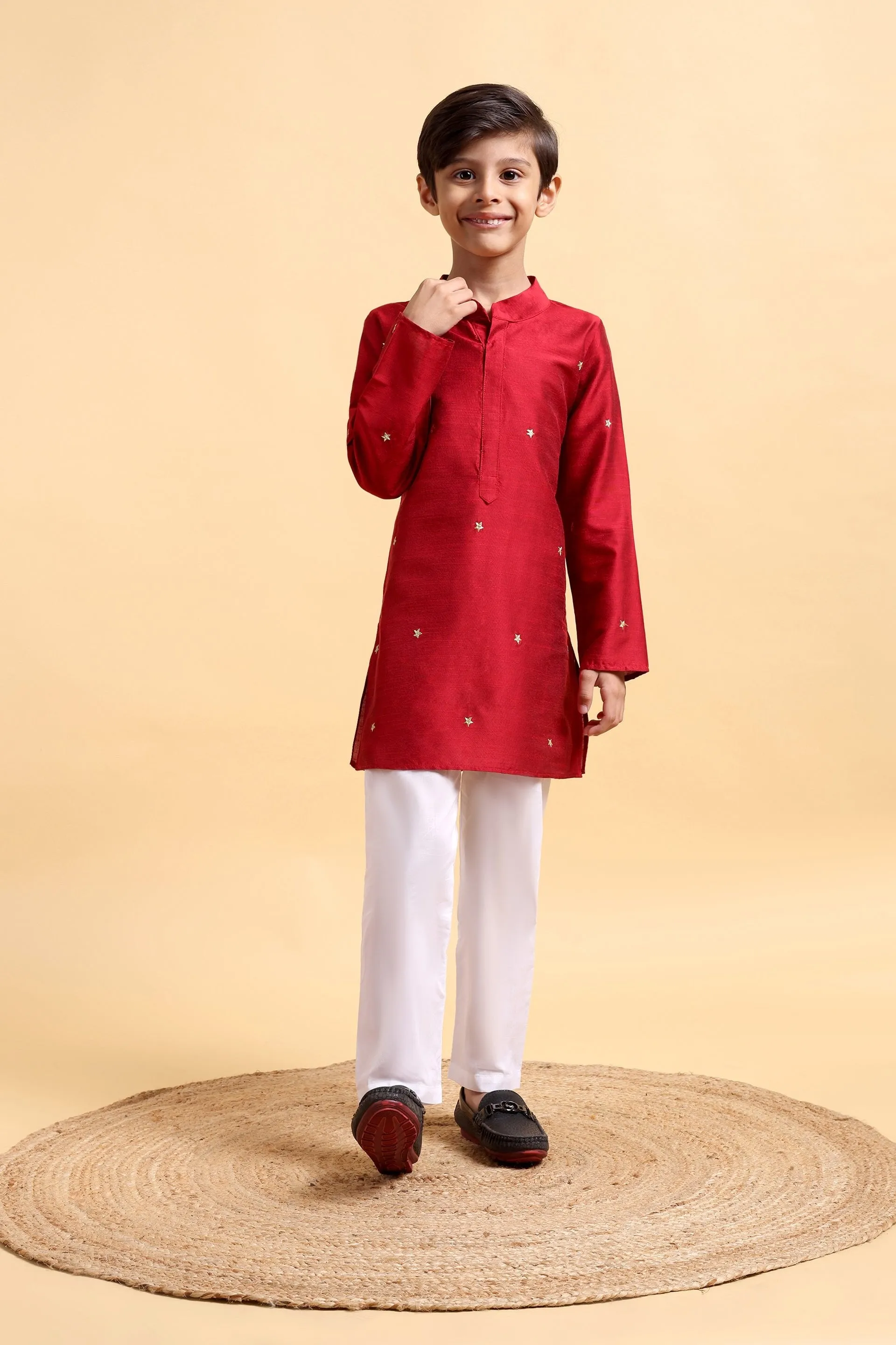 Elegant Deep Red Embroidered Cotton Silk Kurta & Pajama Set