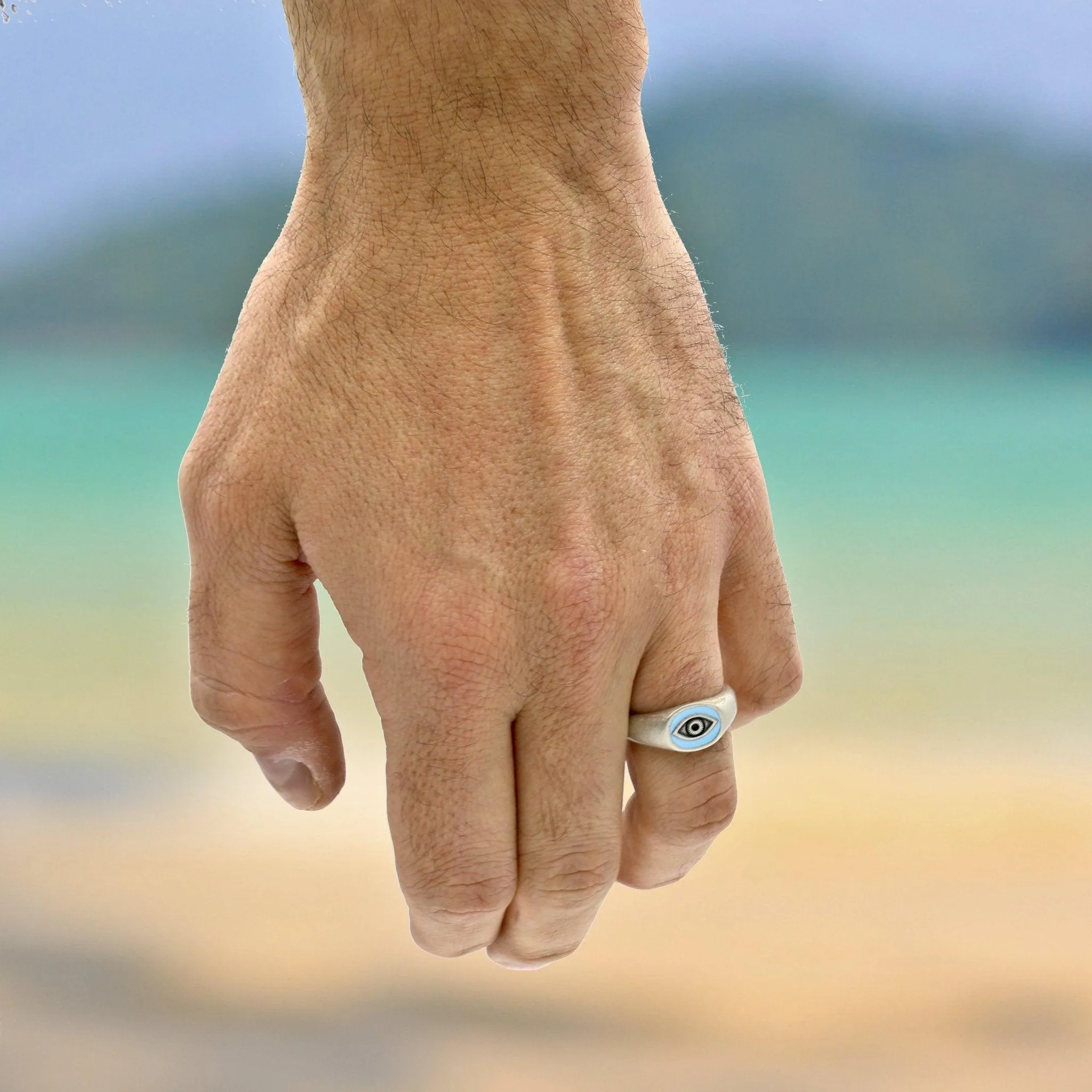 Evil Eye Silver Ring With Light Blue Enamel