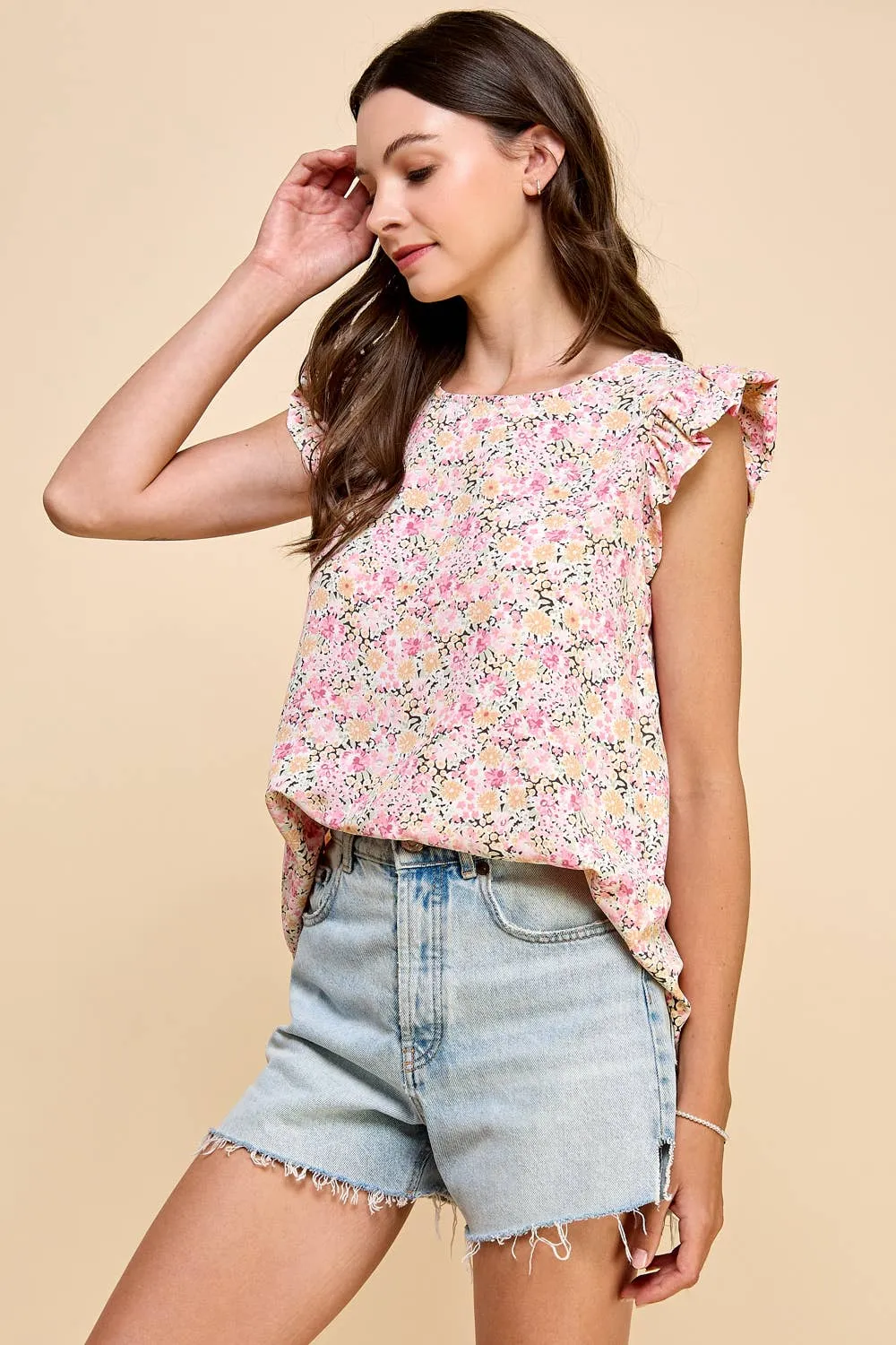 Floral Printed Top with Short Ruffled Sleeves