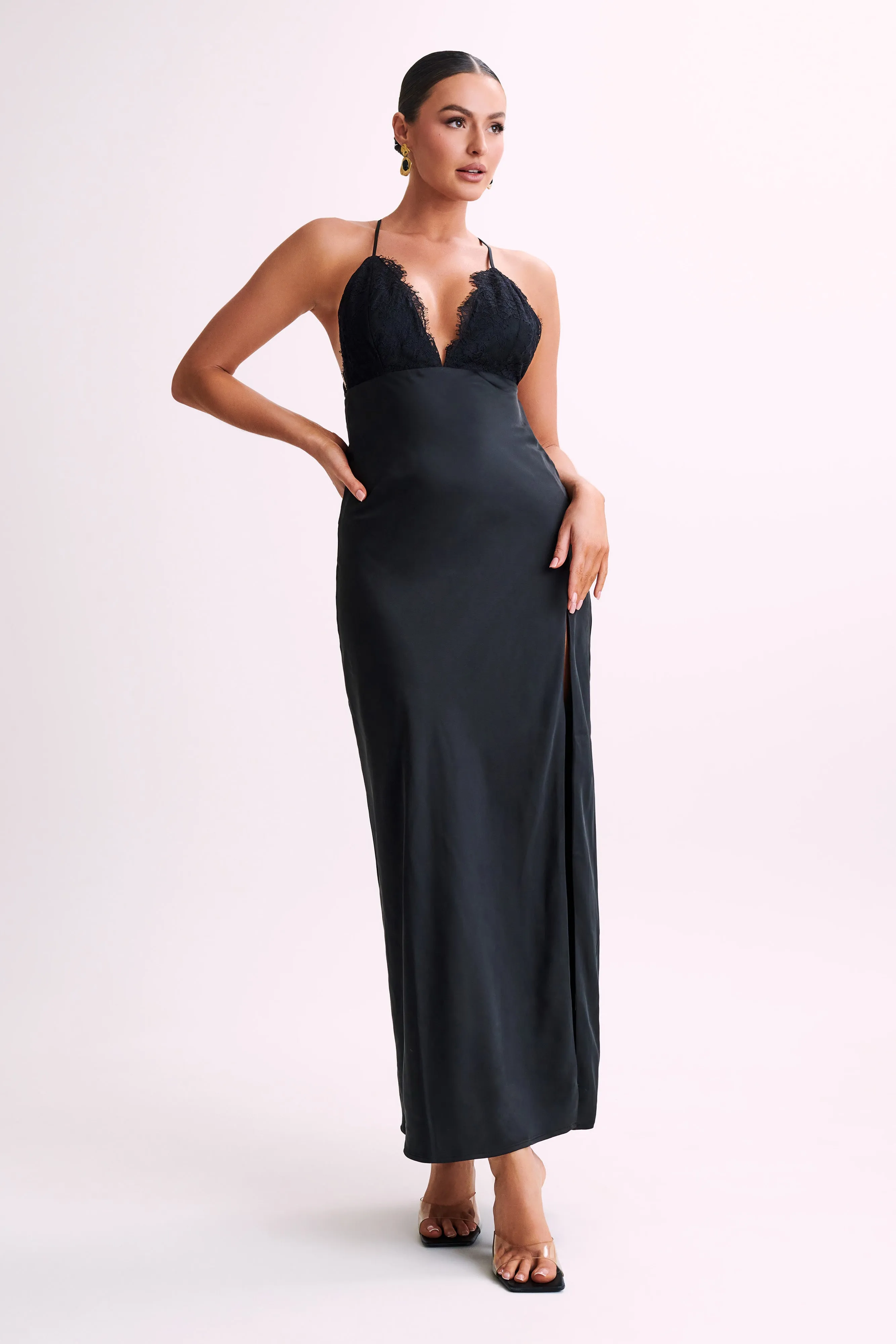 Gina Satin Slip Maxi Dress With Lace - Black