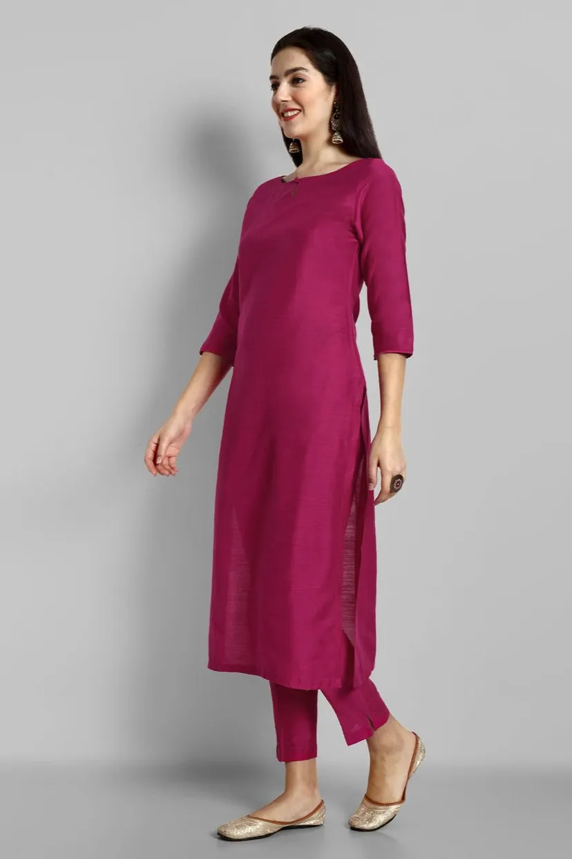 Hot Pink Cotton Silk Boat Neck Only Kurta