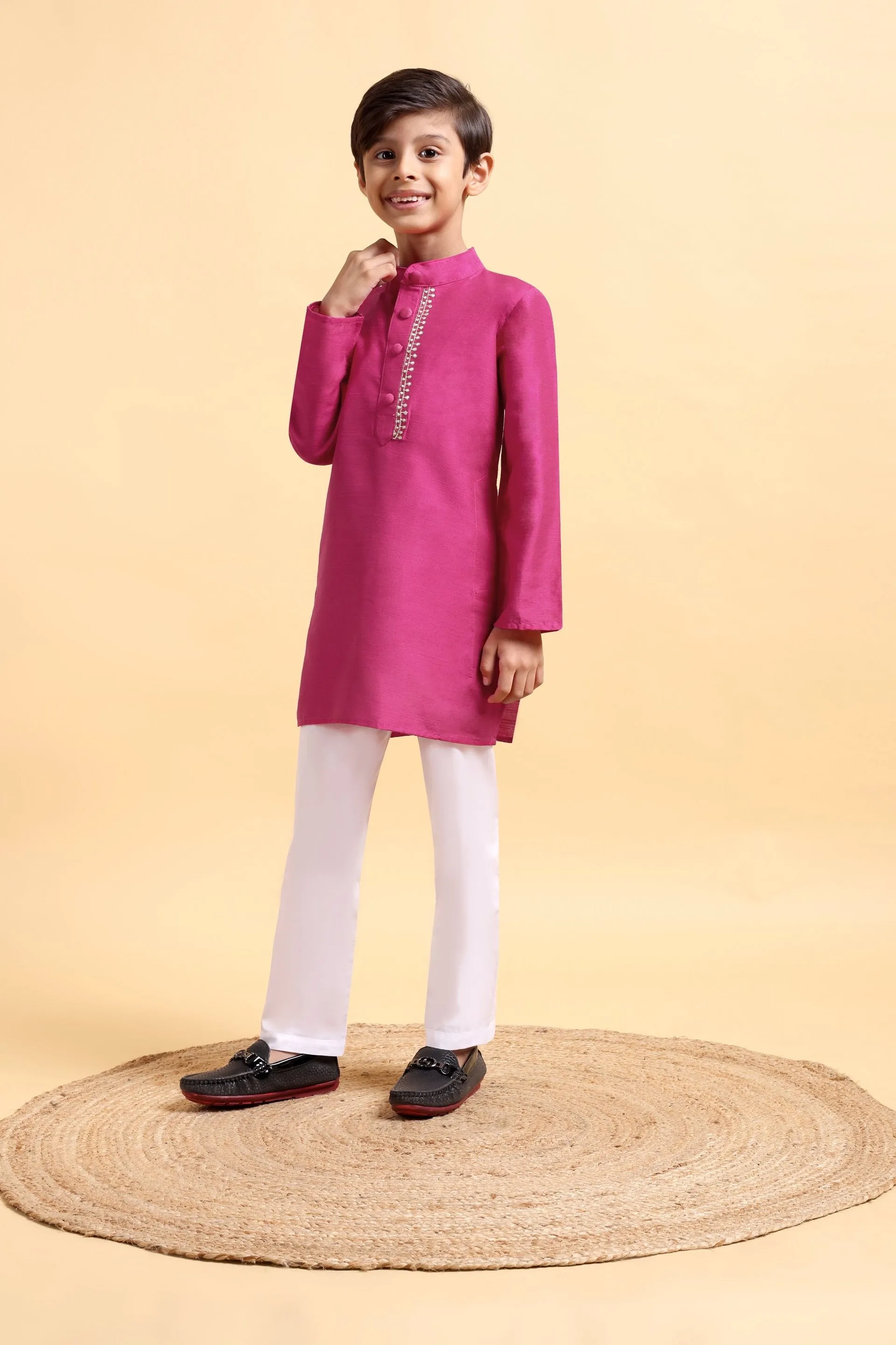 Hot Pink embriodery Cotton silk Kurta & Pajama Set