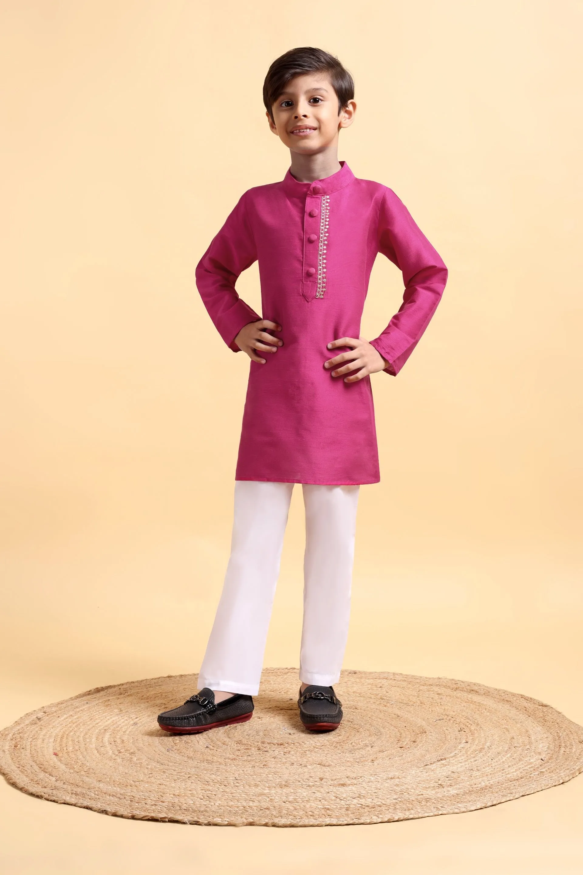 Hot Pink embriodery Cotton silk Kurta & Pajama Set