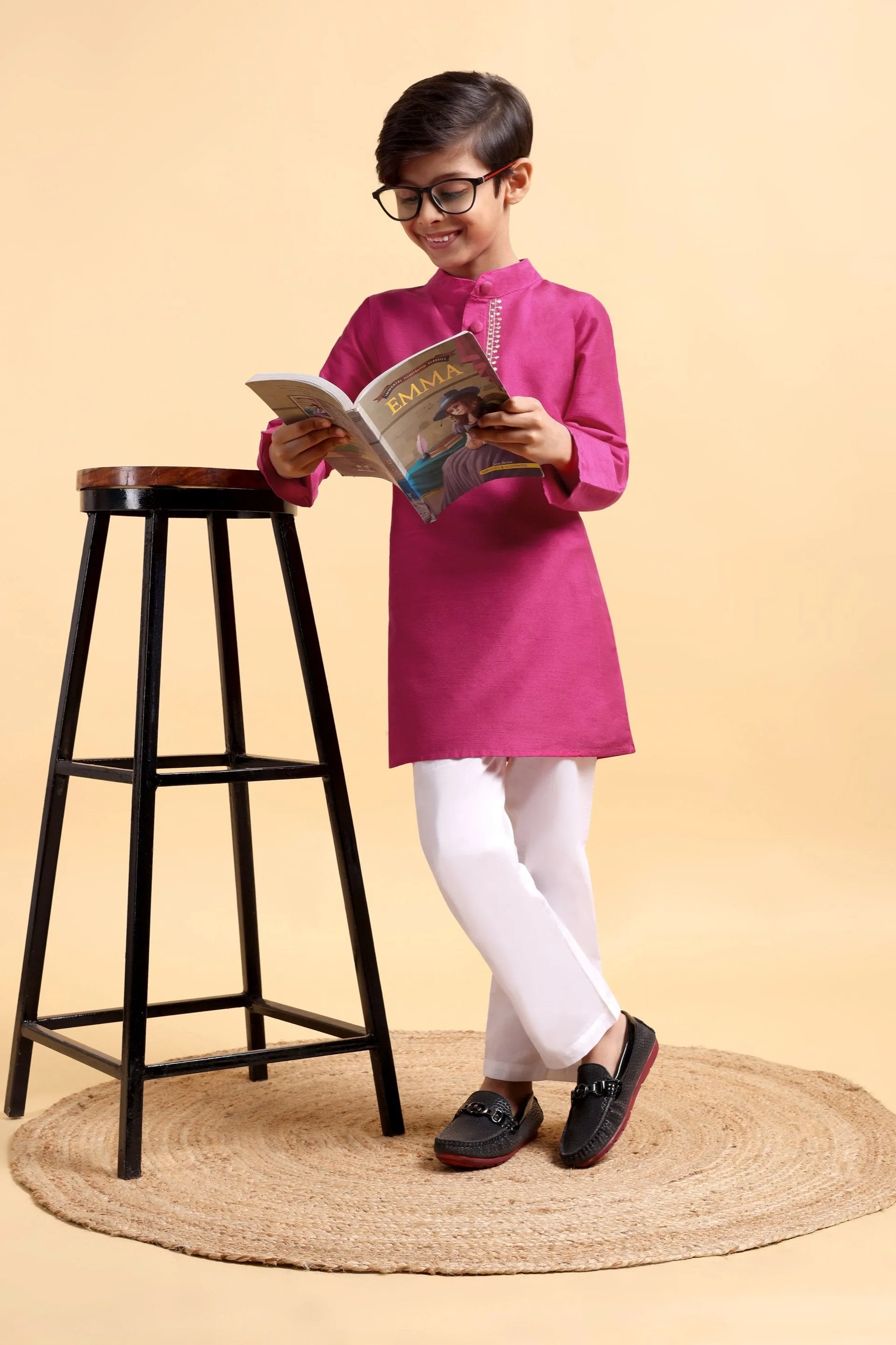 Hot Pink embriodery Cotton silk Kurta & Pajama Set