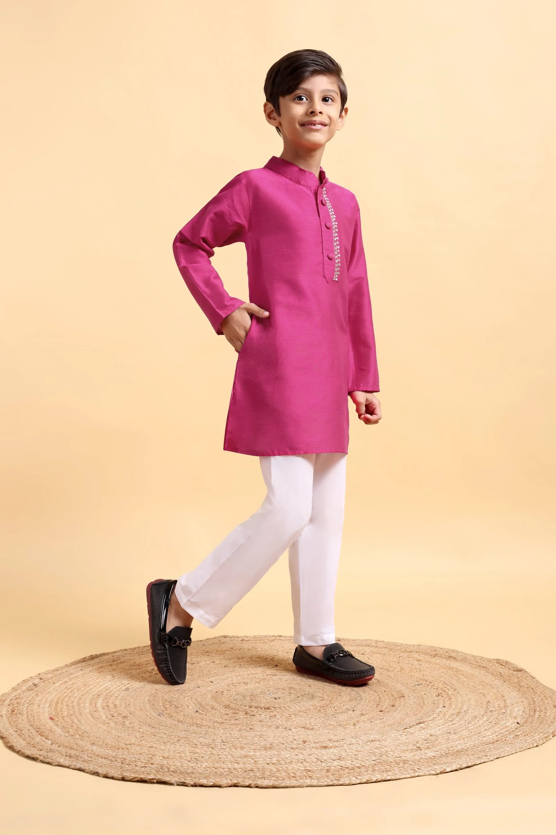 Hot Pink embriodery Cotton silk Kurta & Pajama Set