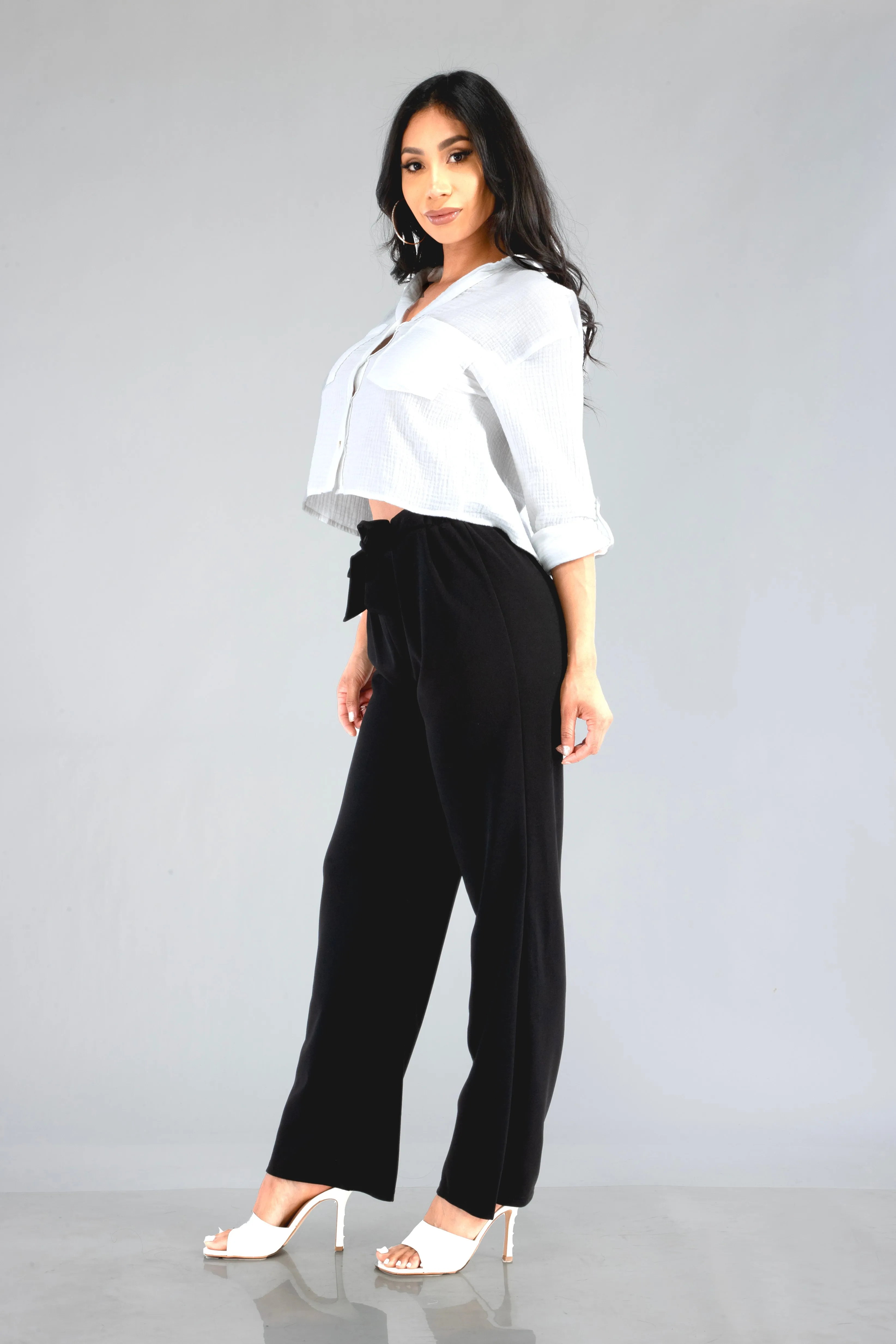 Knit Crepe Straight Leg Pants With Waist Tie - Black