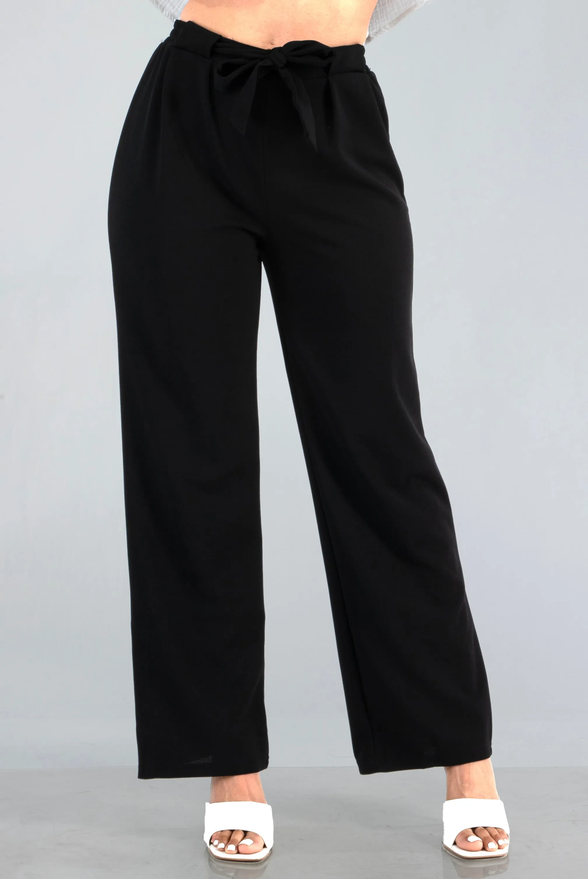 Knit Crepe Straight Leg Pants With Waist Tie - Black