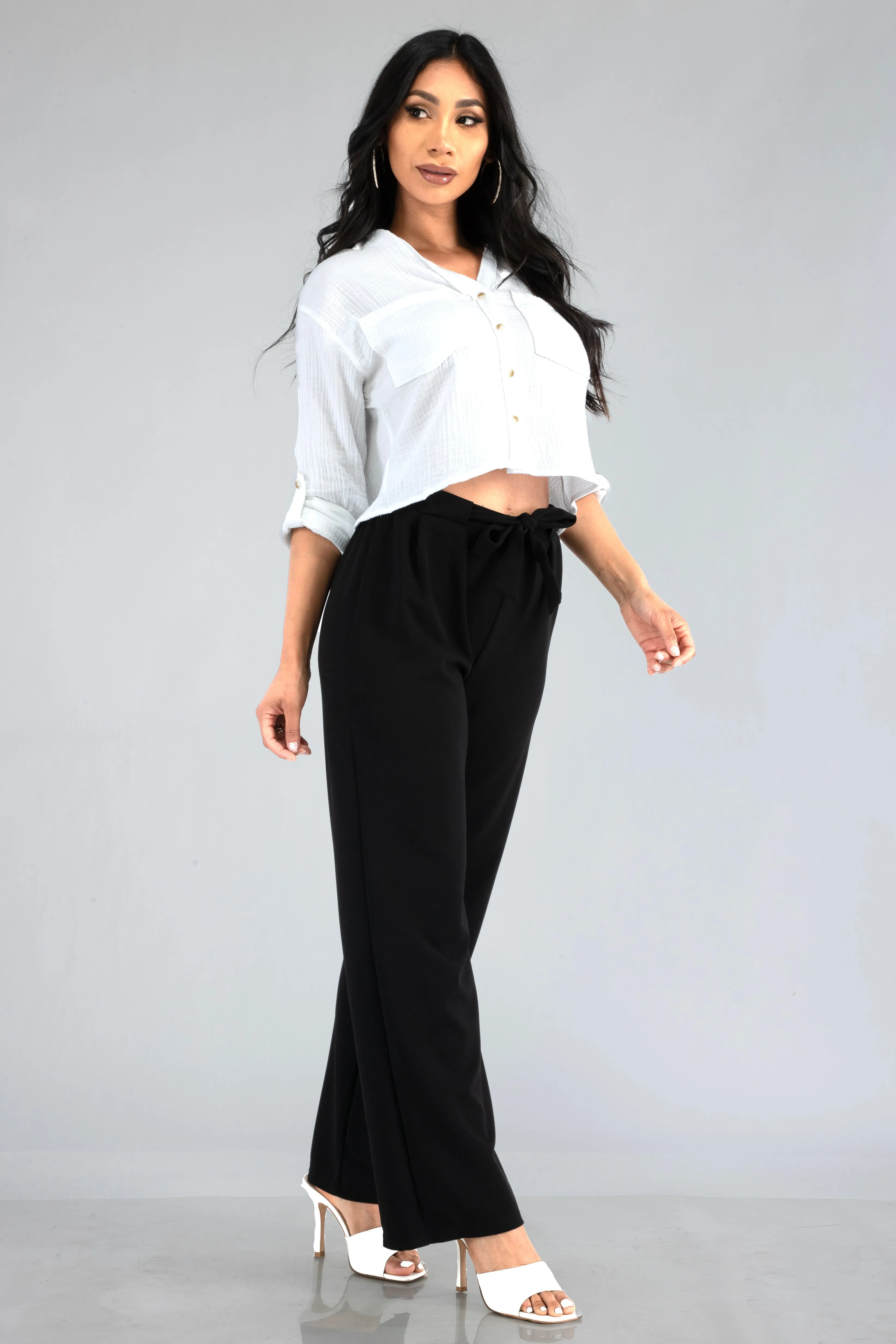 Knit Crepe Straight Leg Pants With Waist Tie - Black