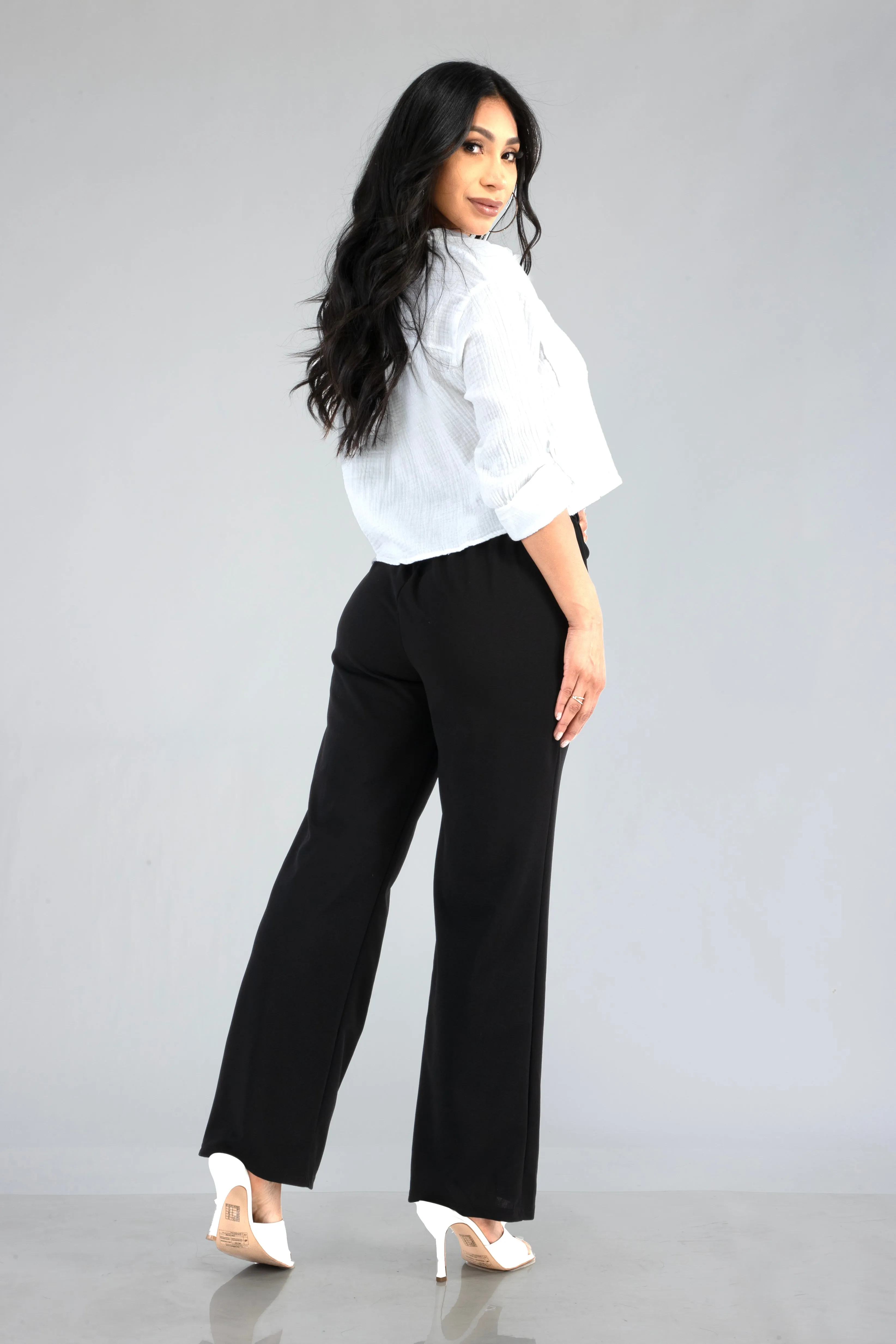 Knit Crepe Straight Leg Pants With Waist Tie - Black