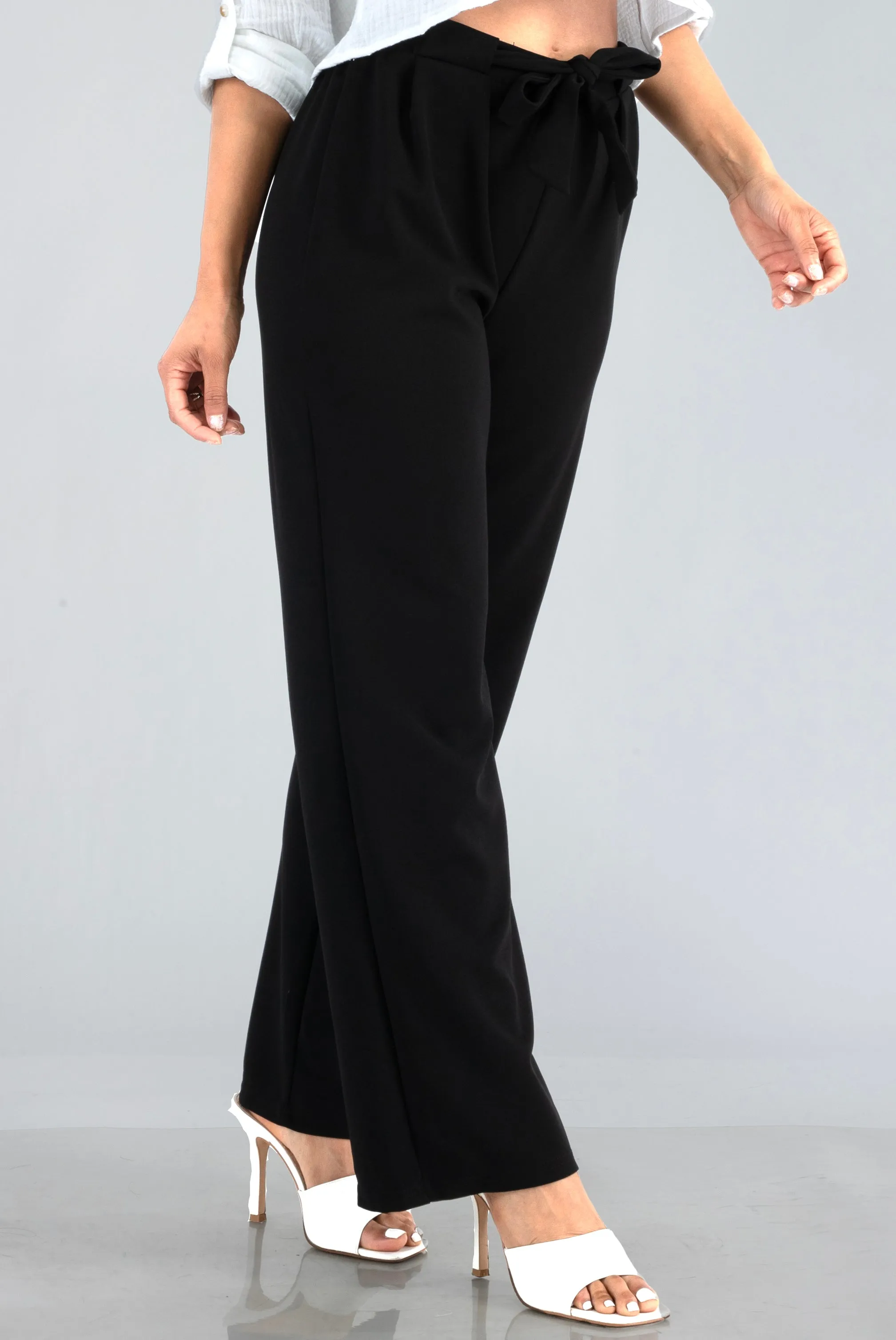 Knit Crepe Straight Leg Pants With Waist Tie - Black