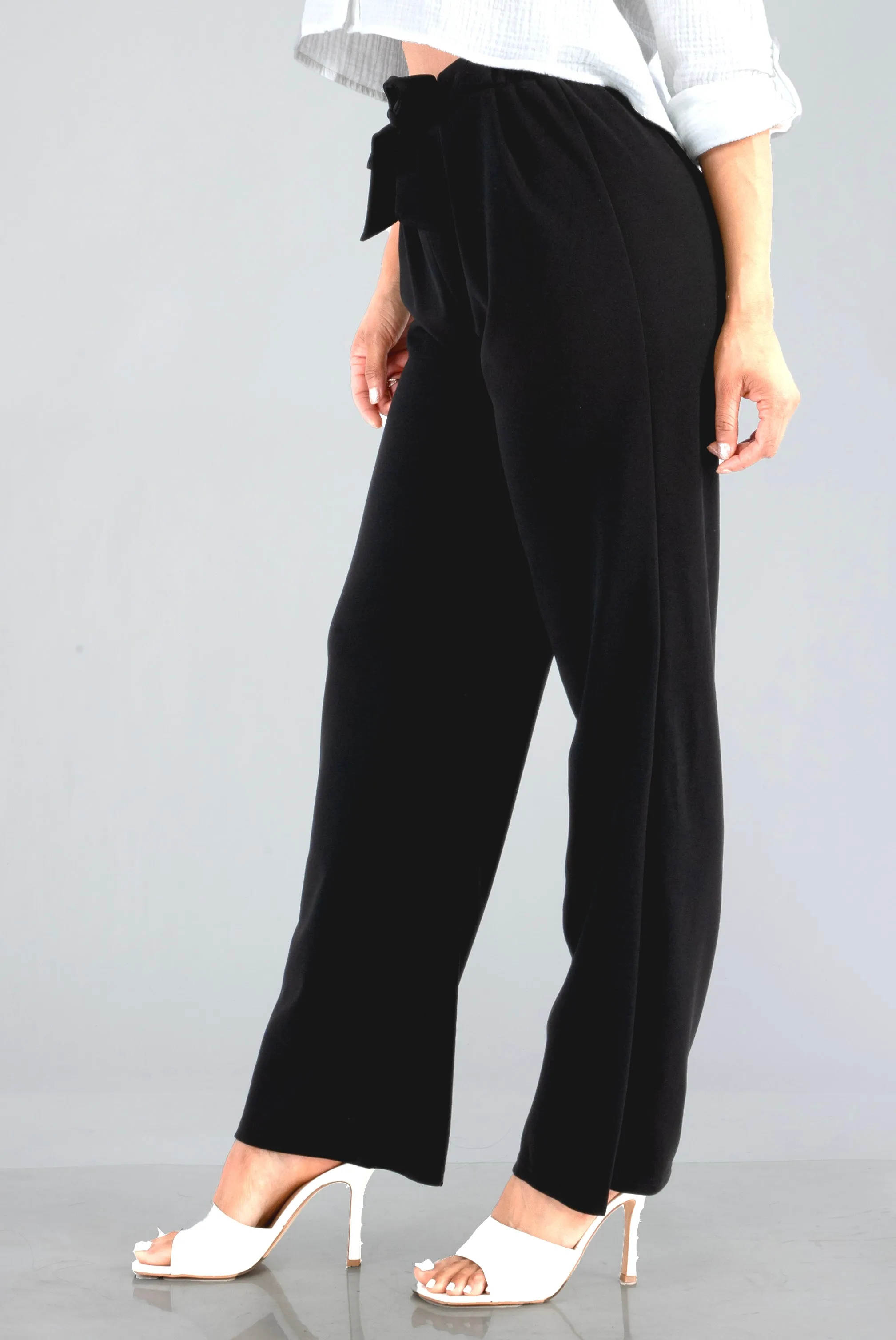 Knit Crepe Straight Leg Pants With Waist Tie - Black