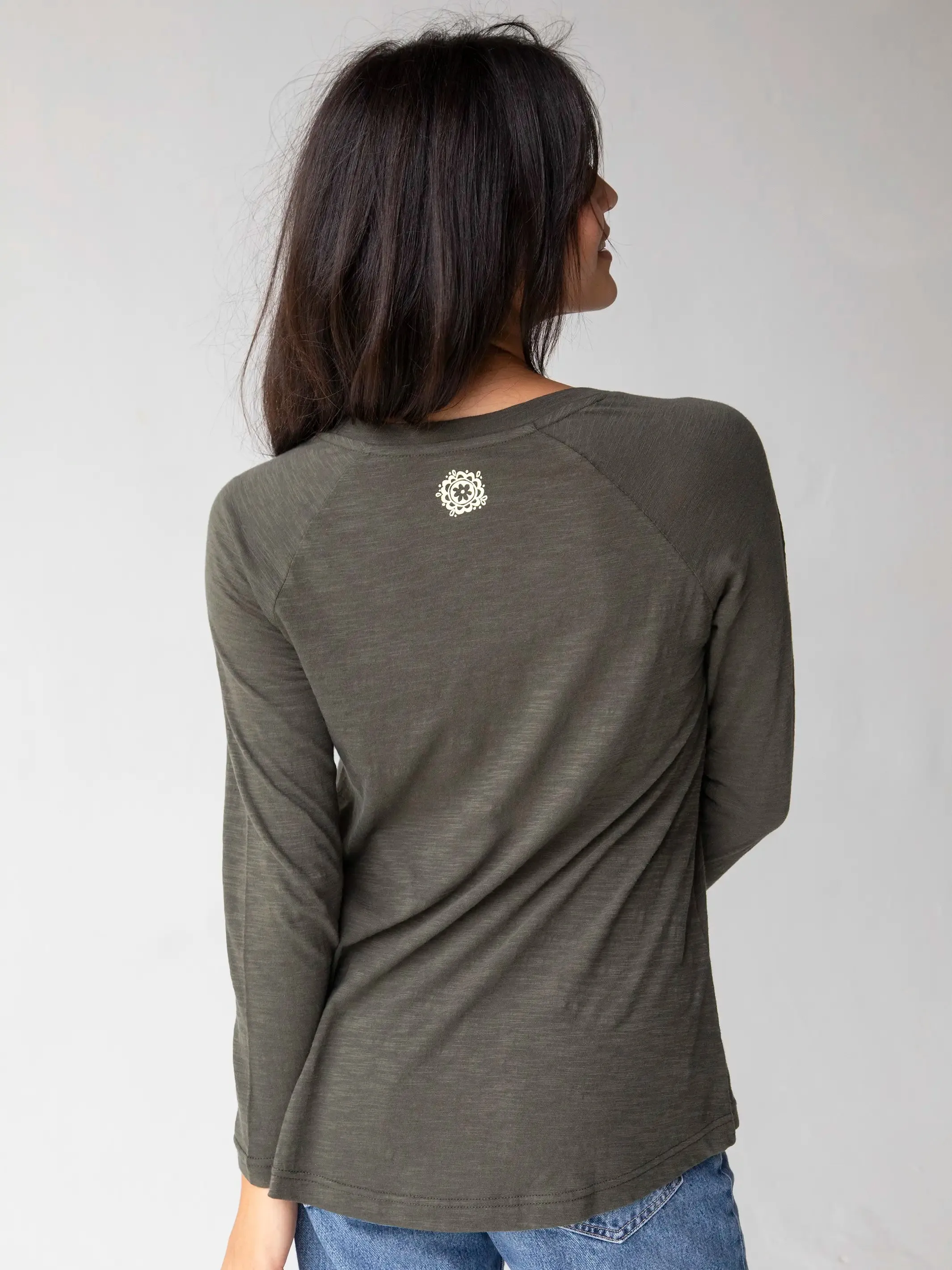 Long Sleeve Boho Cotton Tee Shirt - Folk Flower Charcoal