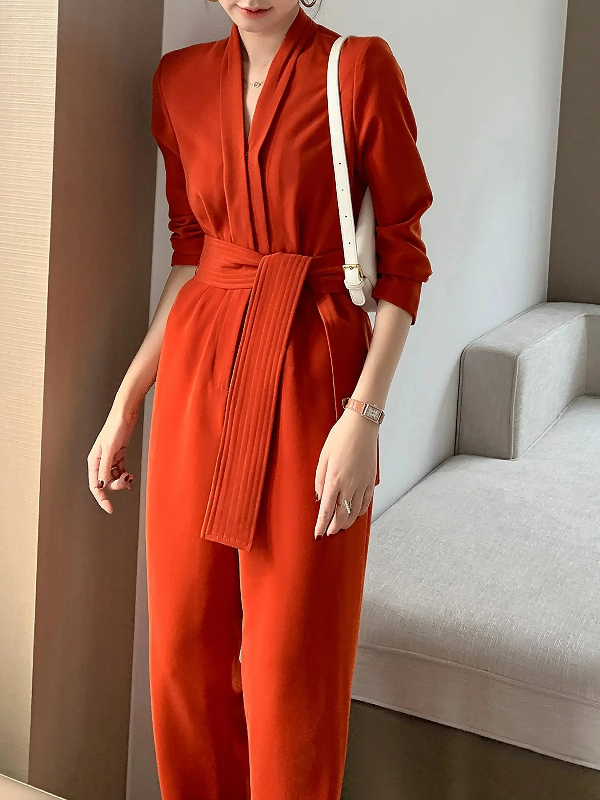 Long Sleeve Cropped Bottom Belted Jumpsuit