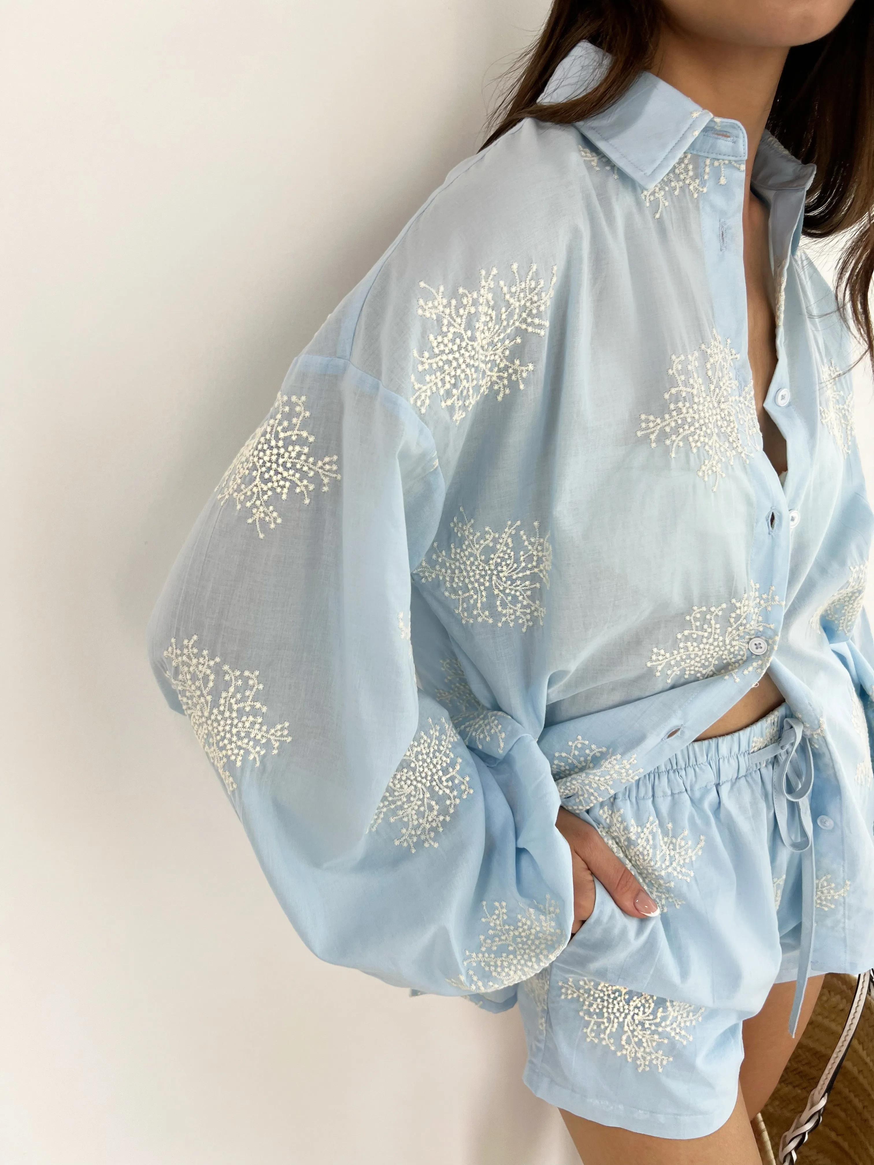 Loren Cotton Embroidered Shirt | Sky Blue