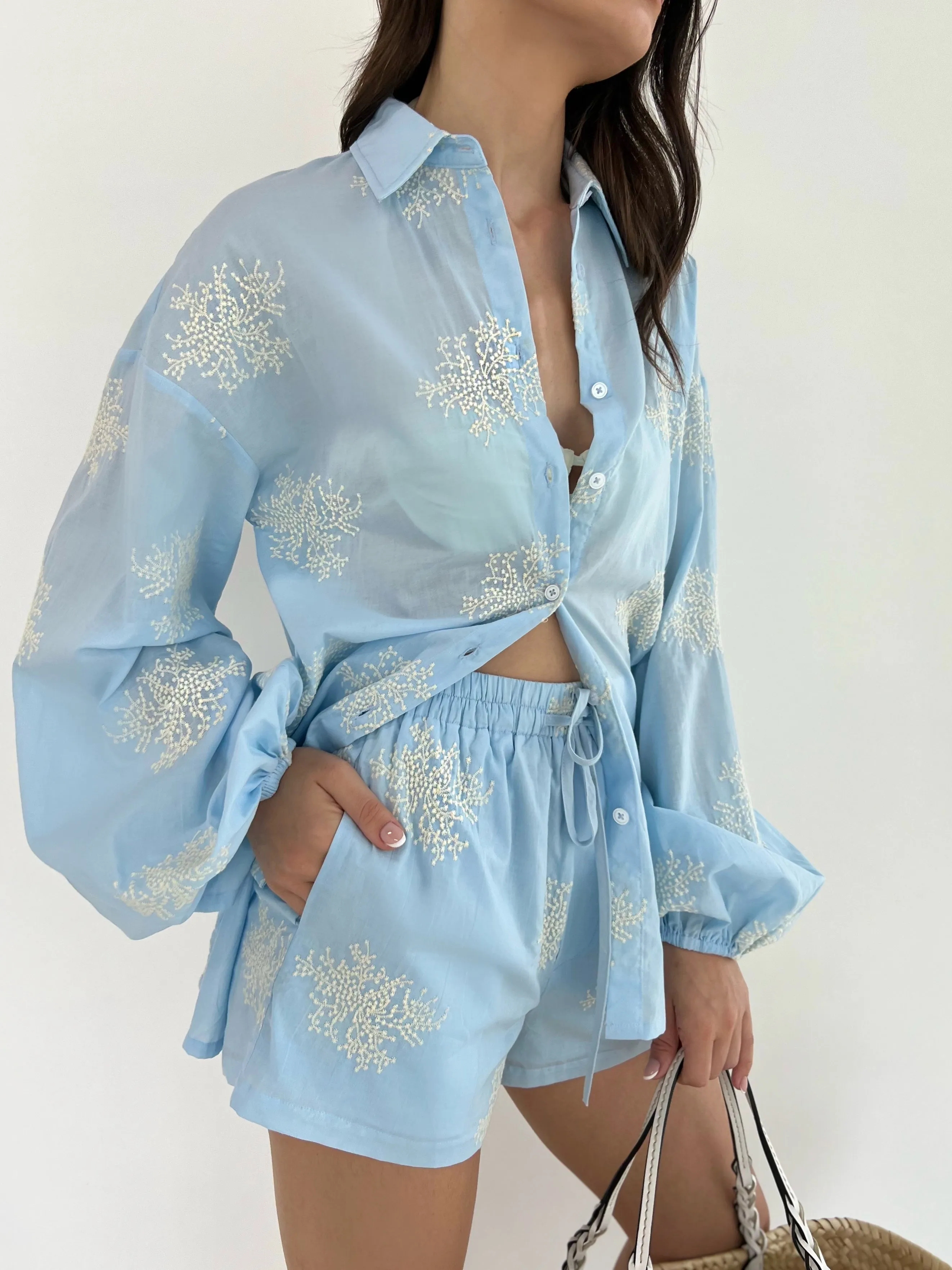 Loren Cotton Embroidered Shirt | Sky Blue