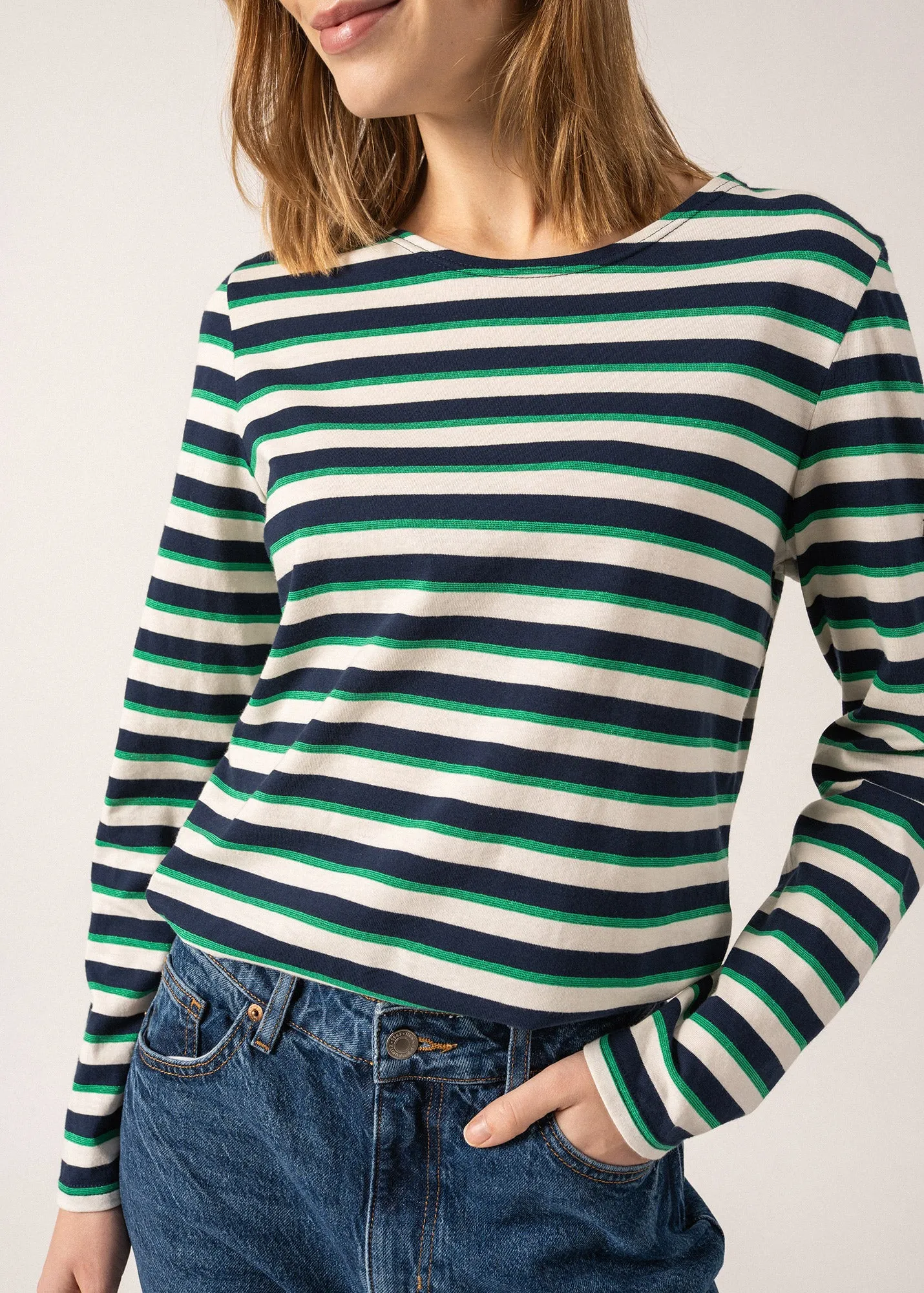 Minquidame Tricolour Breton Shirt - with lurex stripes (MARINE/ECUME/VERT)