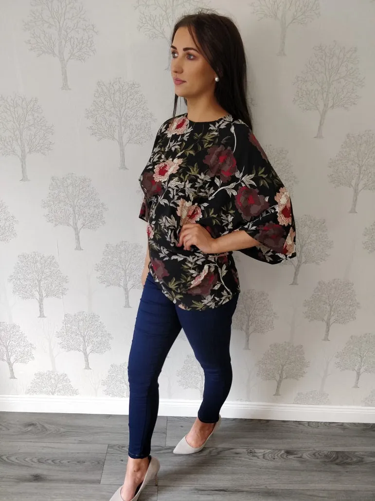 Orla Black Floral Batwing Blouse