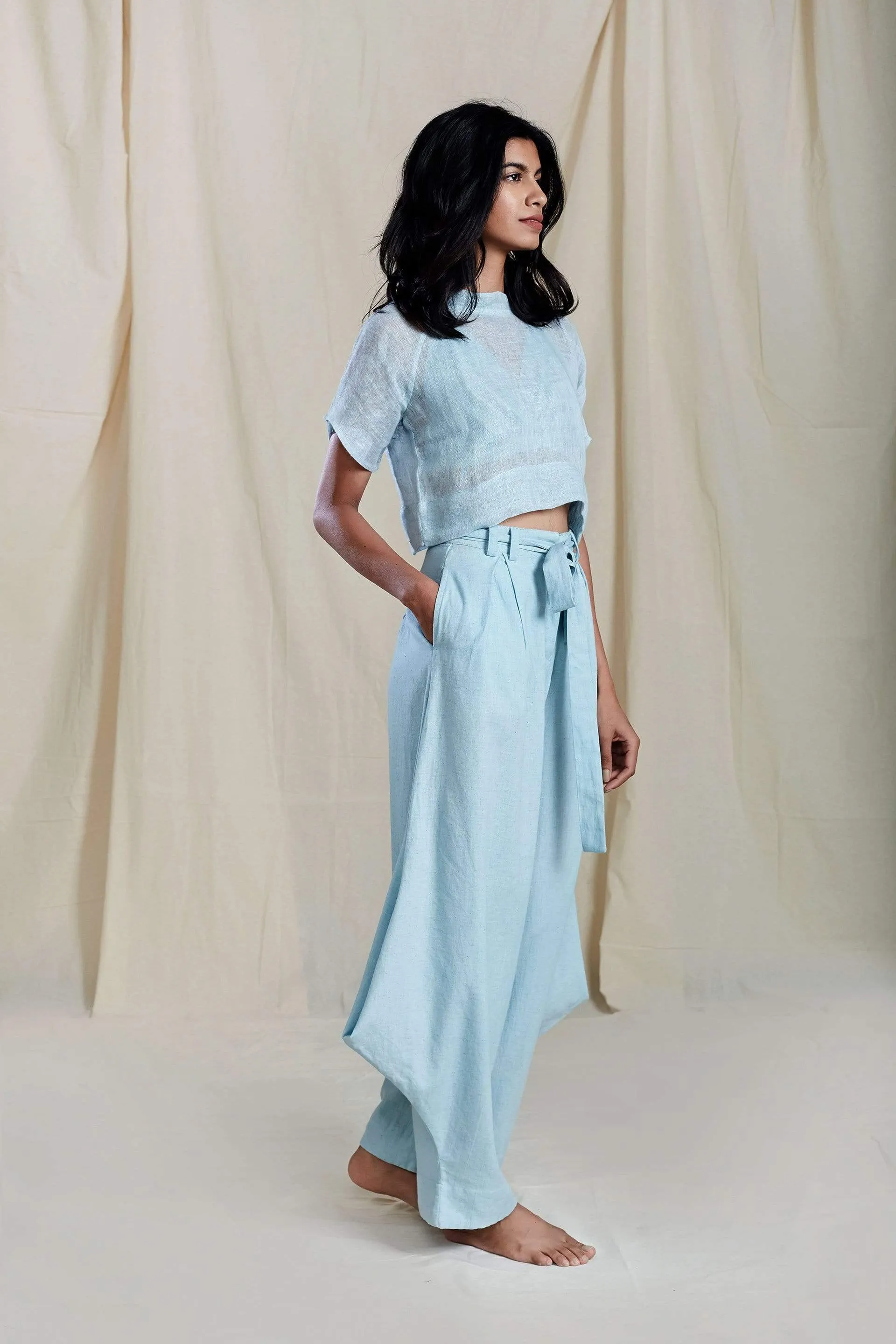 Pleated Blue Cowl Pants