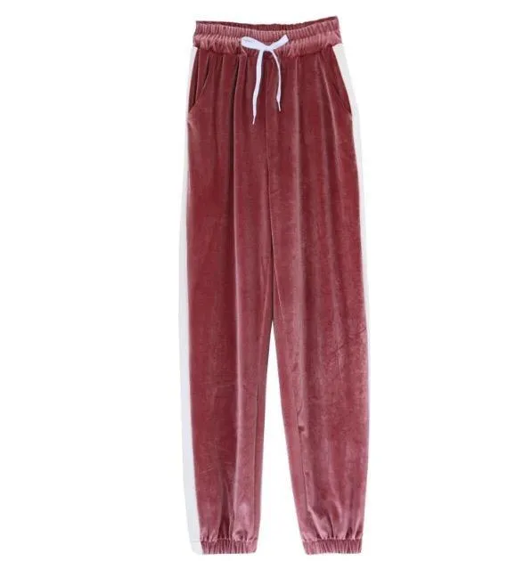 Plush Velvet White Stripes Elastic Waist Sport Style Pants