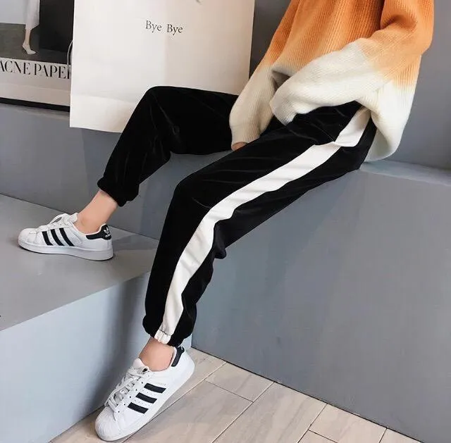 Plush Velvet White Stripes Elastic Waist Sport Style Pants