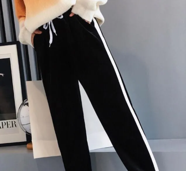 Plush Velvet White Stripes Elastic Waist Sport Style Pants