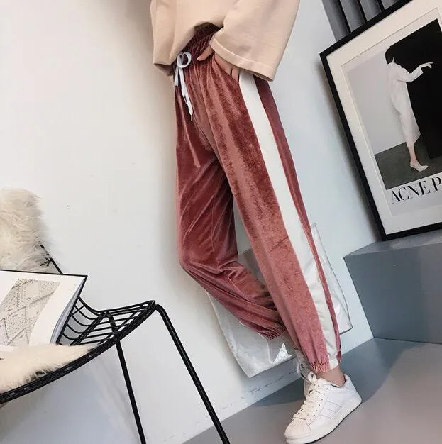 Plush Velvet White Stripes Elastic Waist Sport Style Pants