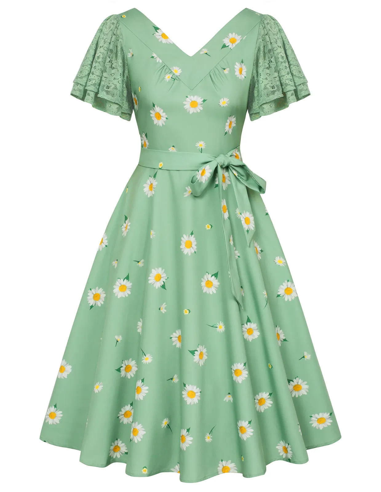 Summer Short Puff Sleeve Cherry Patterns Cocktail Dress Vintage V-Neck A Line Swing Dresses with Belts