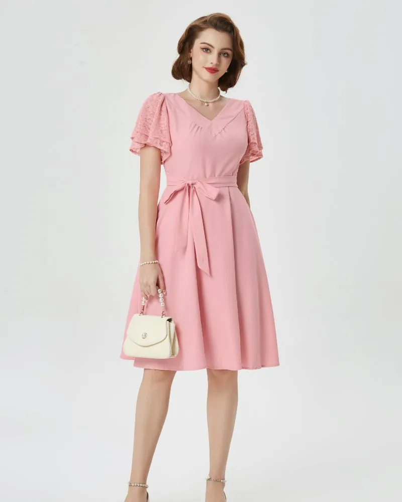 Summer Short Puff Sleeve Cherry Patterns Cocktail Dress Vintage V-Neck A Line Swing Dresses with Belts