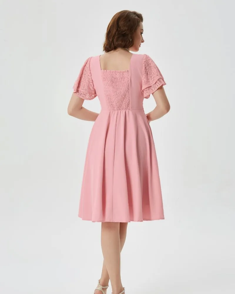 Summer Short Puff Sleeve Cherry Patterns Cocktail Dress Vintage V-Neck A Line Swing Dresses with Belts