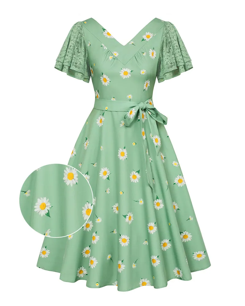 Summer Short Puff Sleeve Cherry Patterns Cocktail Dress Vintage V-Neck A Line Swing Dresses with Belts