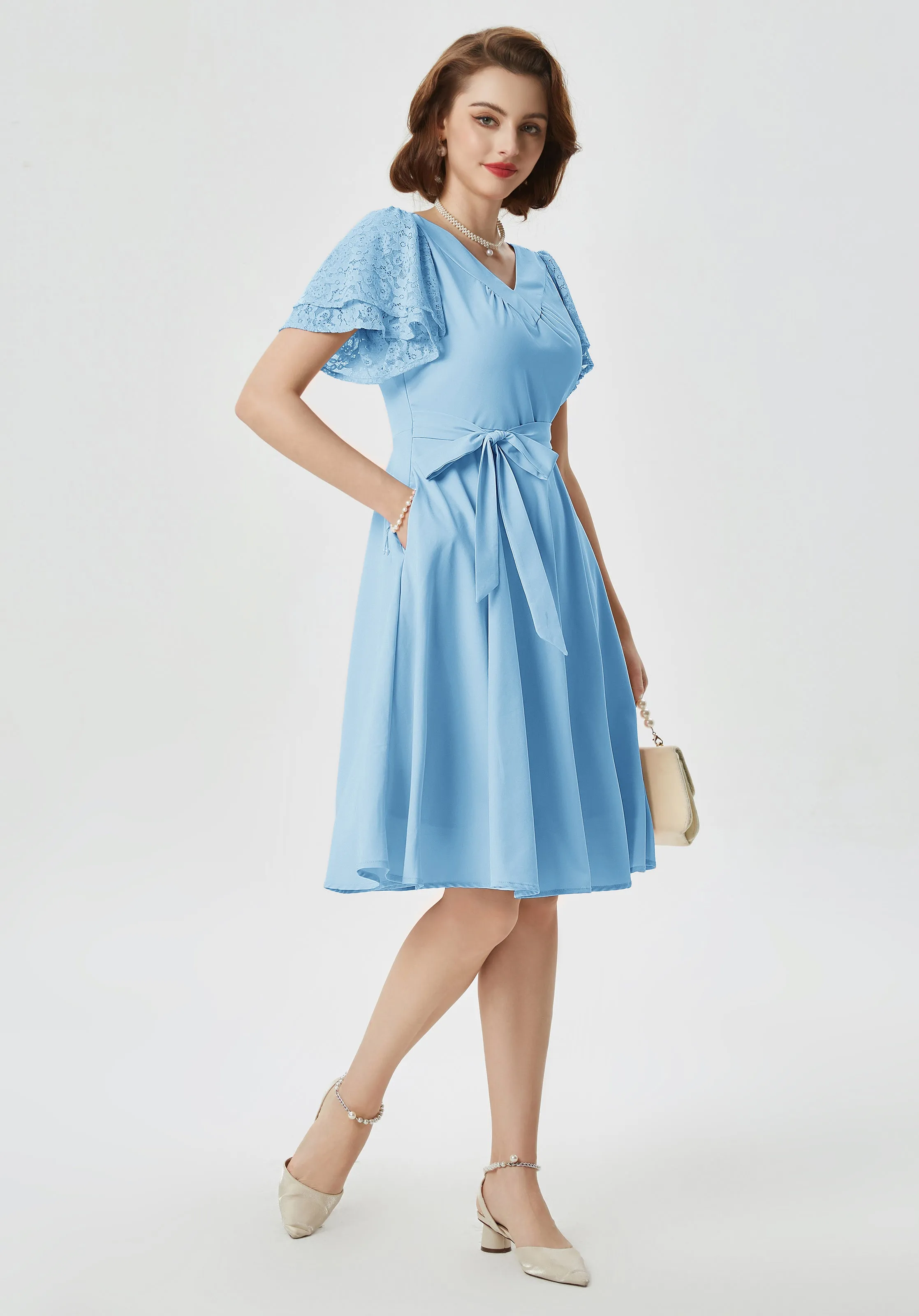 Summer Short Puff Sleeve Cherry Patterns Cocktail Dress Vintage V-Neck A Line Swing Dresses with Belts