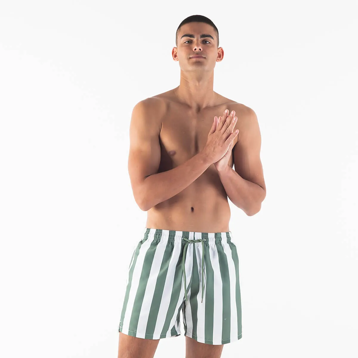 Swim Shorts - Stripes | Army Green & White